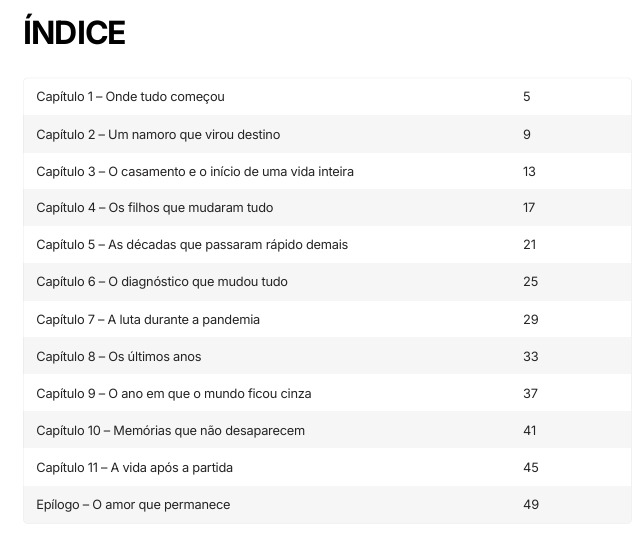 Índice do livro O Amor que a Vida não Leva